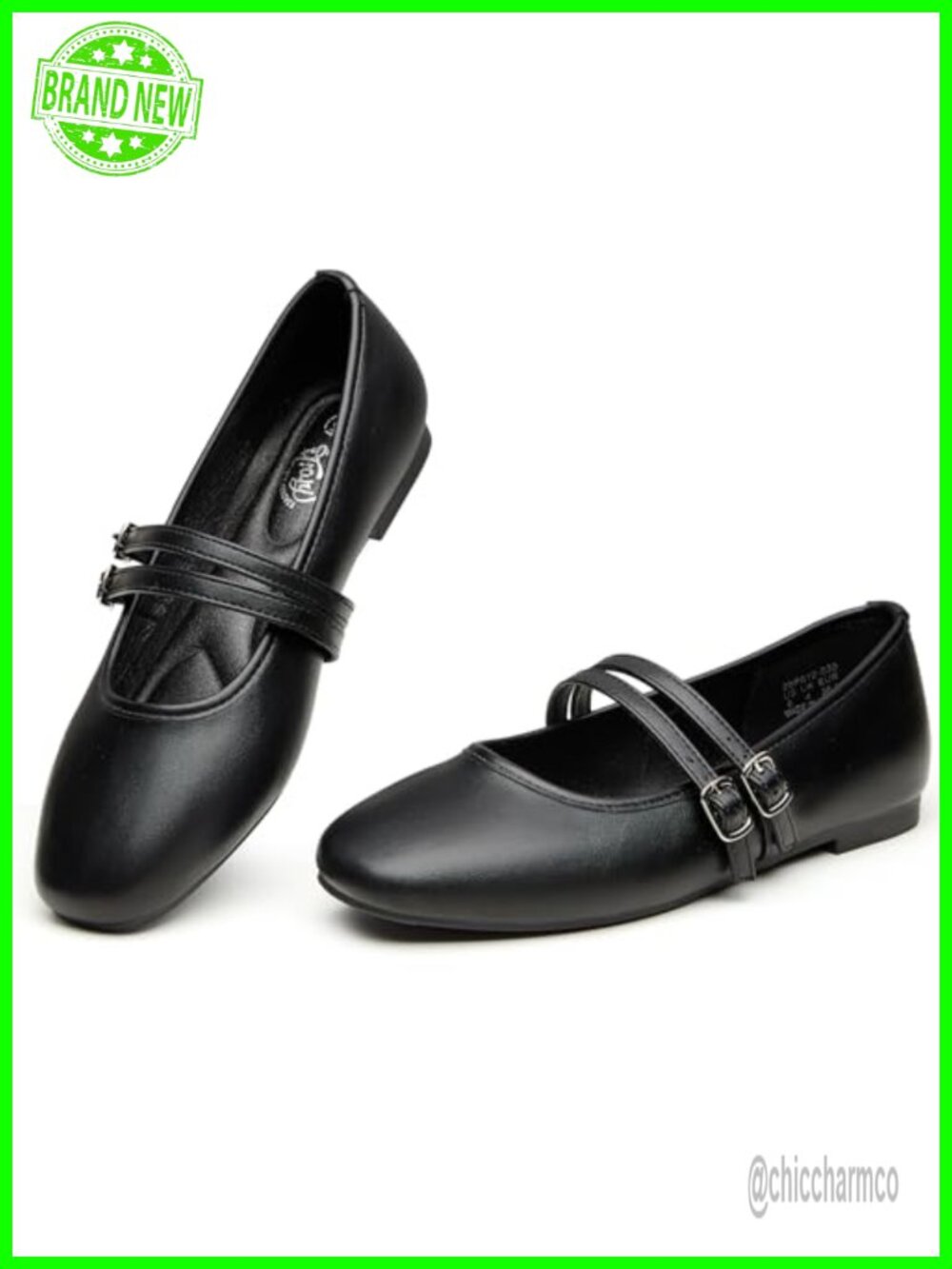 Women's Square Toe Mary Jane Flats with Buckle Strap, PU Leather, Slip On